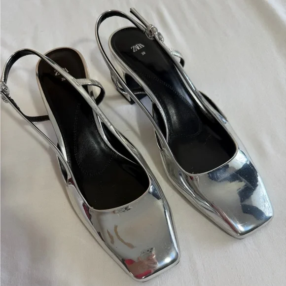 Zara Metallic Silver Slingback shoes heels size 8 Eur 39 - Picture 3 of 11